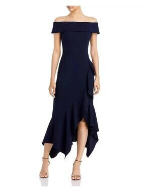 258$ Aqua Scuba Crepe Off-the-Shoulder MIDI Party Dress Size 2 Navy Blue